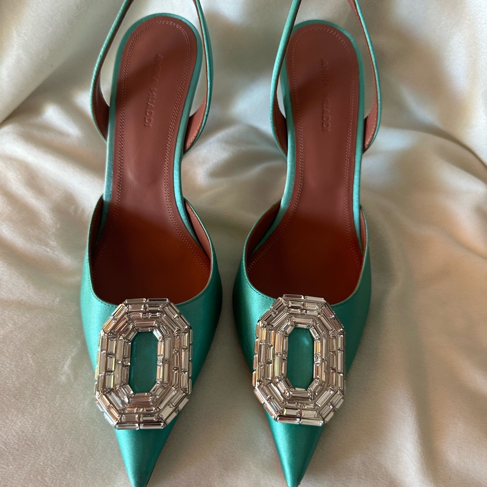 Amina Muaddi Teal Satin Pointed Toe Slingback Heels with Crystal Buckle